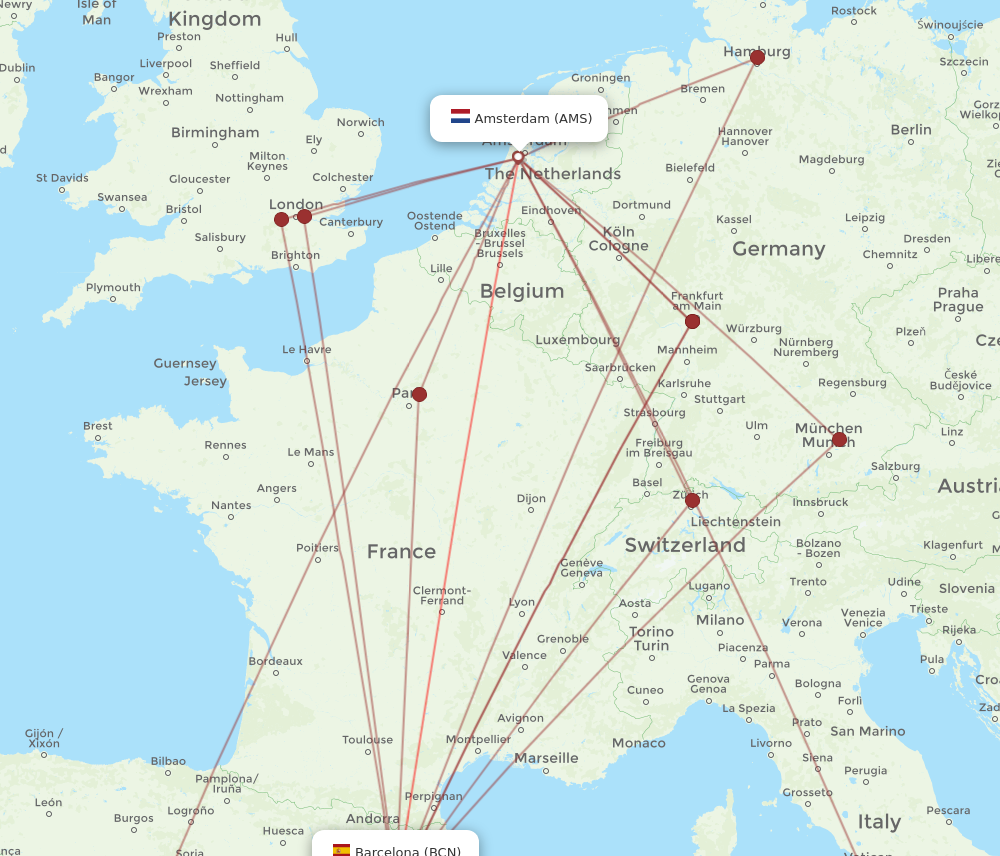 AMS-BCN flight routes
