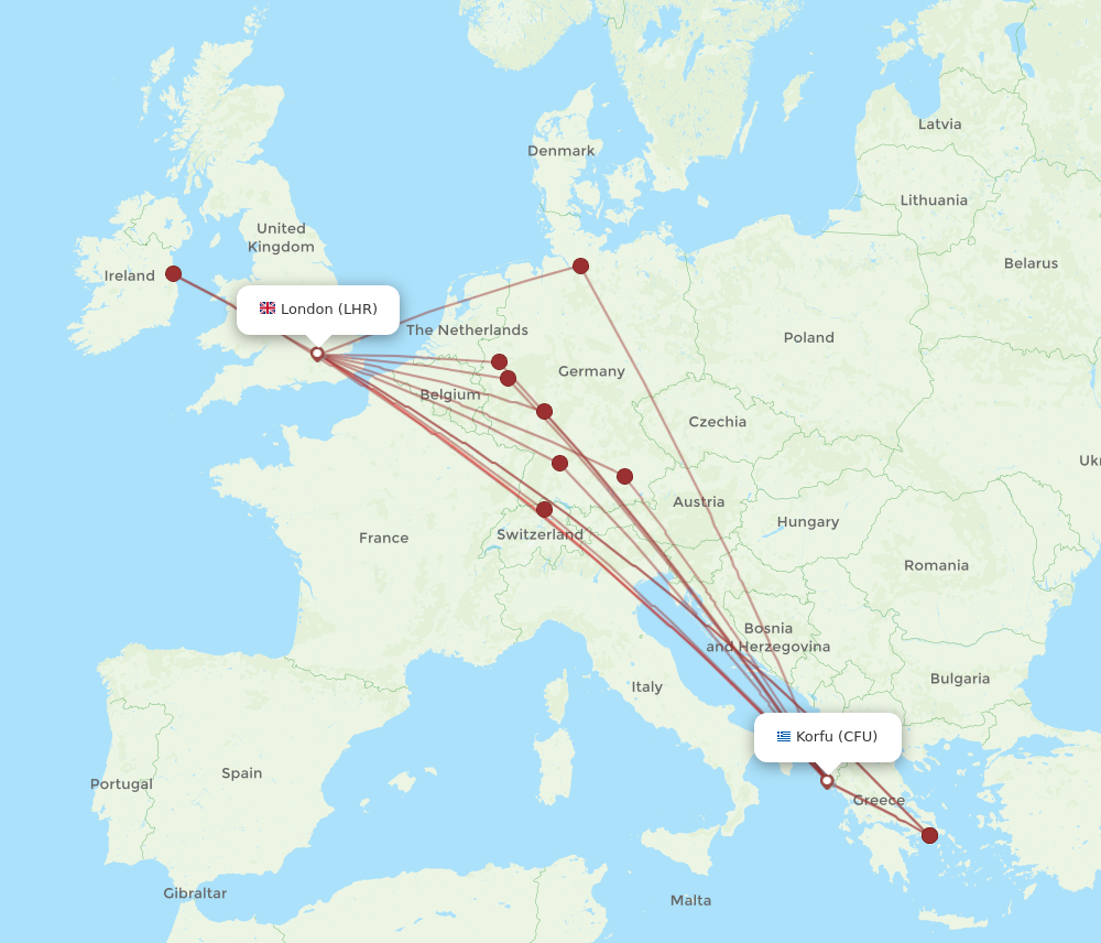 CFU-LHR flight routes
