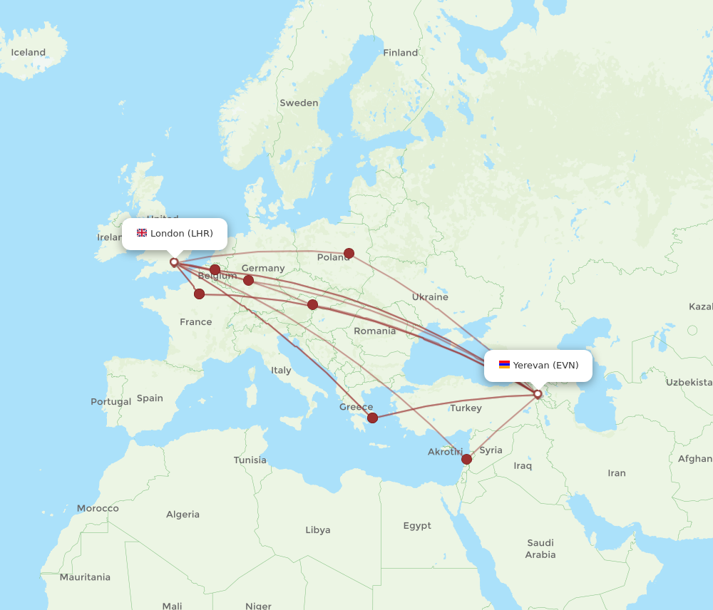 EVN-LHR flight routes