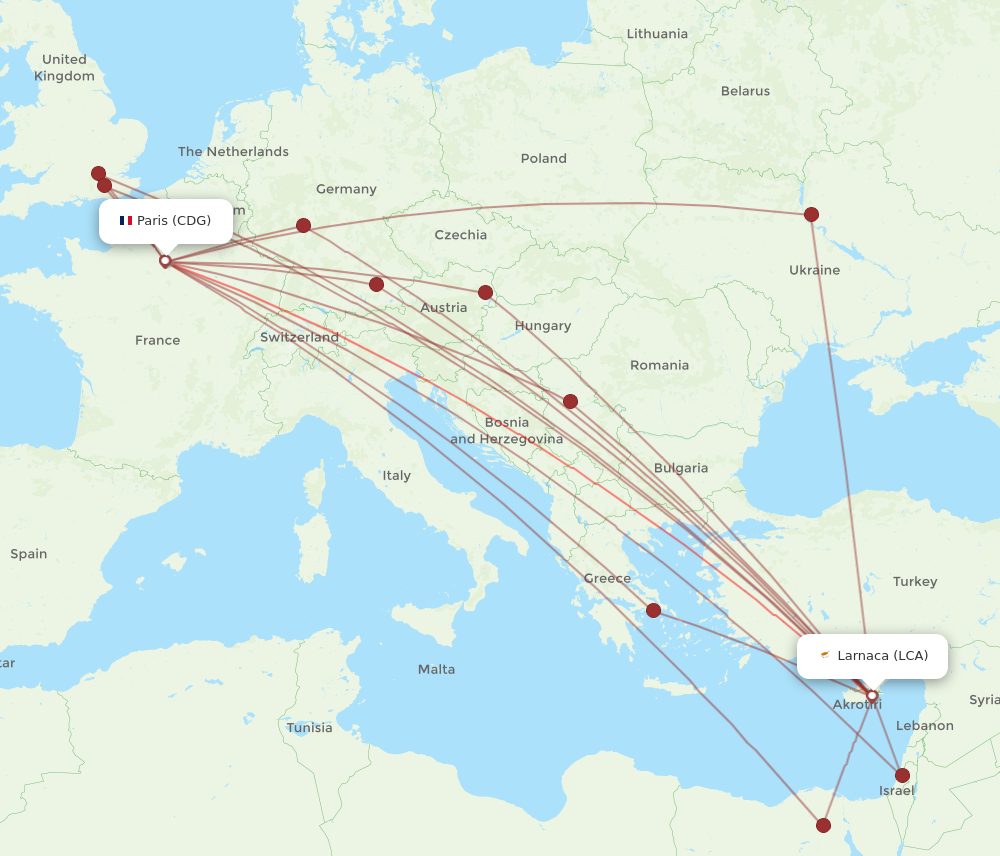 LCA-CDG flight routes