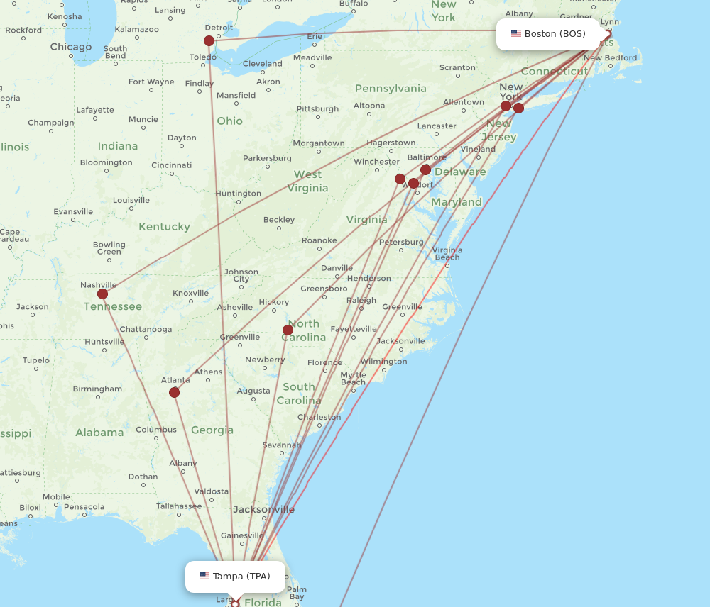TPA-BOS flight routes