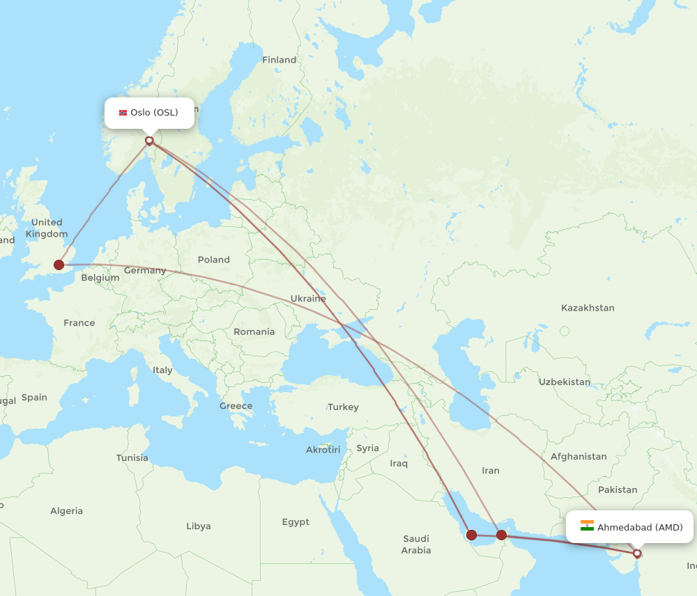 All Flight Routes From Ahmedabad To Oslo AMD To OSL Flight Routes