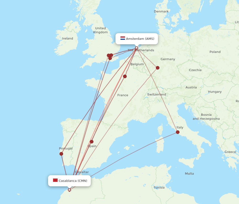 All Flight Routes From Amsterdam To Casablanca Ams To Cmn Flight Routes