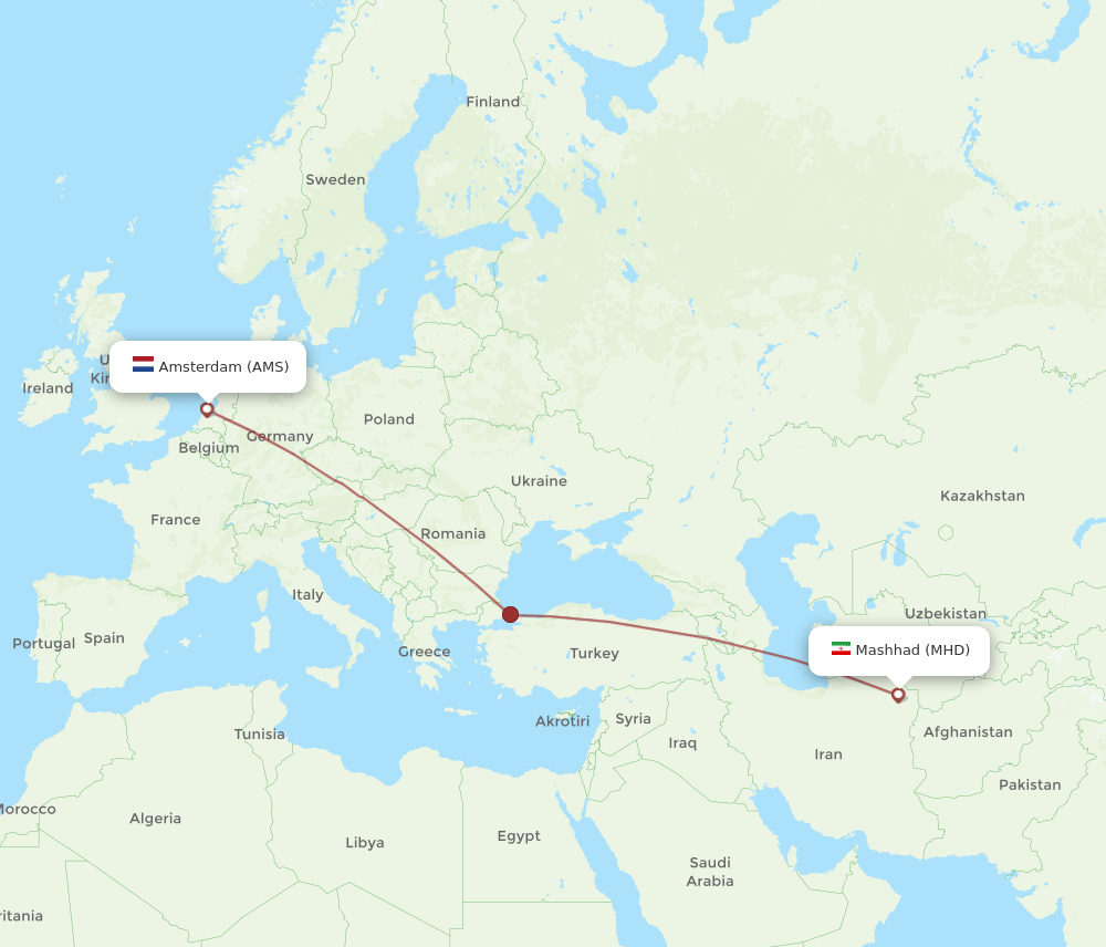 All Flight Routes From Amsterdam To Mashad AMS To MHD Flight Routes