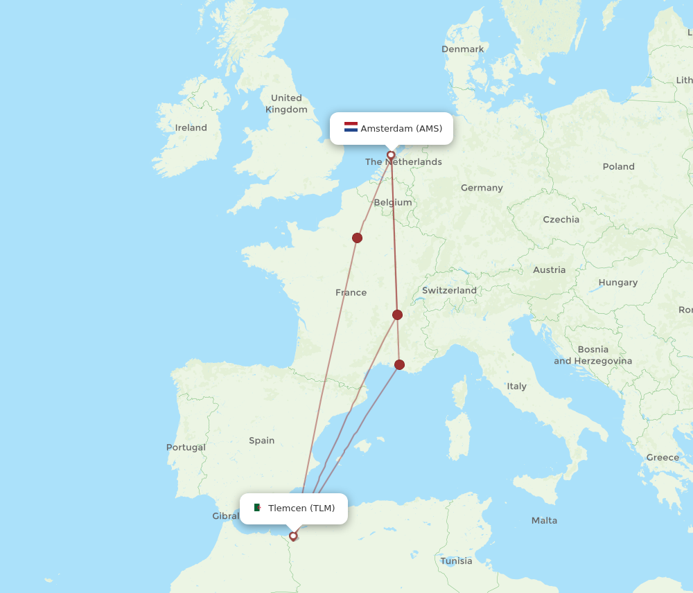 All Flight Routes From Amsterdam To Tlemcen Ams To Tlm Flight Routes