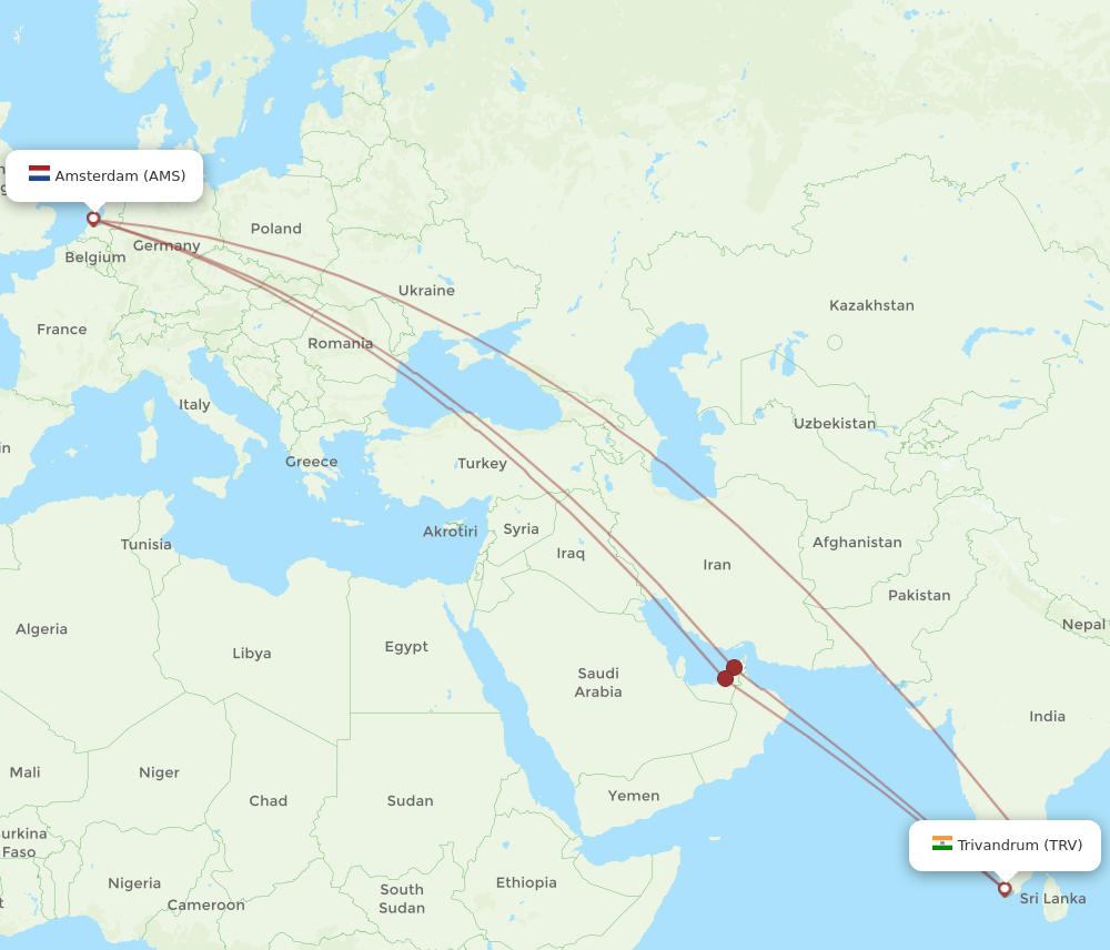 All Flight Routes From Amsterdam To Thiruvananthapuram AMS To TRV