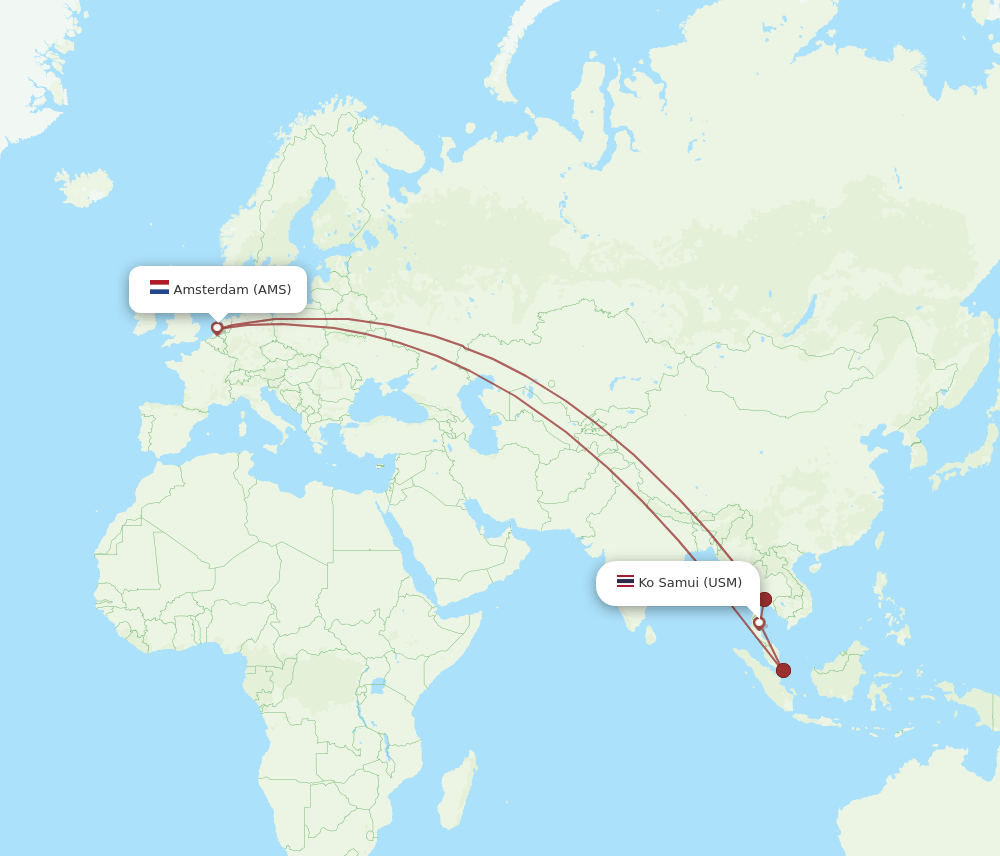 All Flight Routes From Amsterdam To Koh Samui Ams To Usm Flight Routes