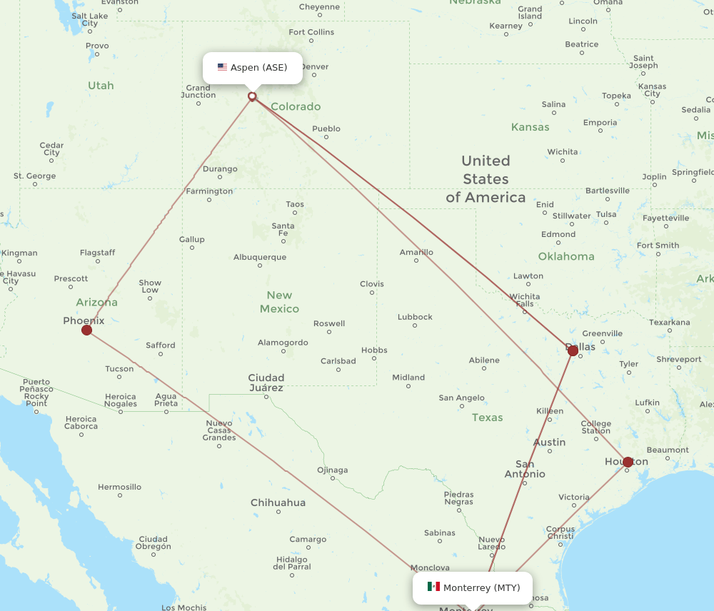 All Flight Routes From Aspen To Monterrey Ase To Mty Flight Routes