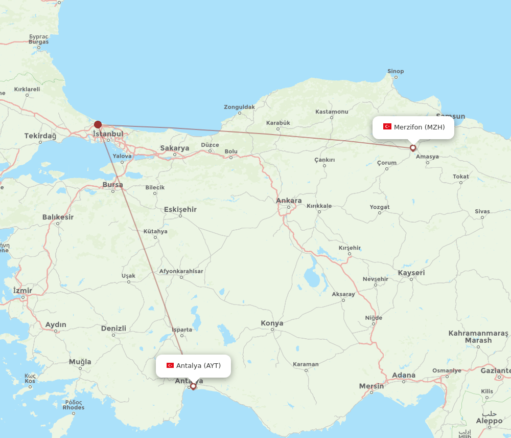 All Flight Routes From Antalya To Merzifon Ayt To Mzh Flight Routes