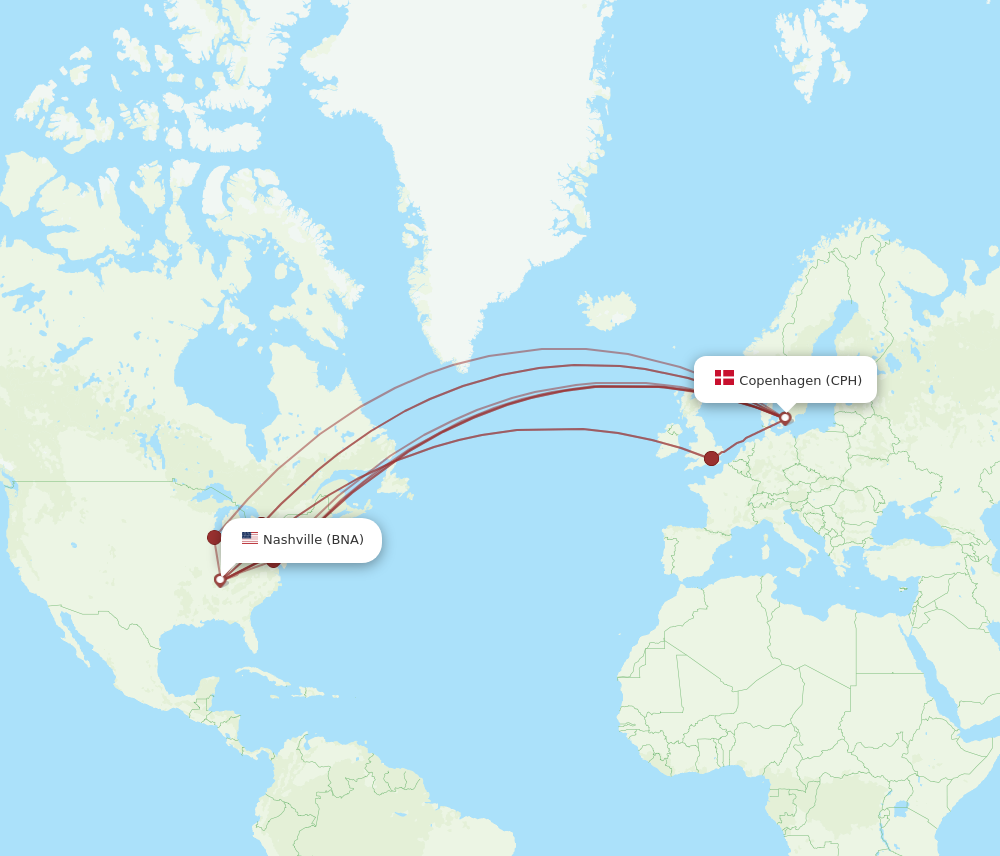 All Flight Routes From Nashville To Copenhagen BNA To CPH Flight Routes