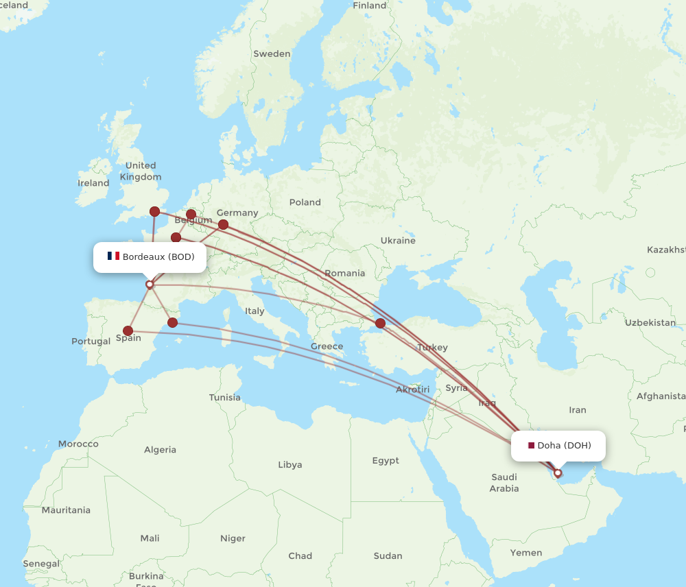 All Flight Routes From Bordeaux To Doha BOD To DOH Flight Routes