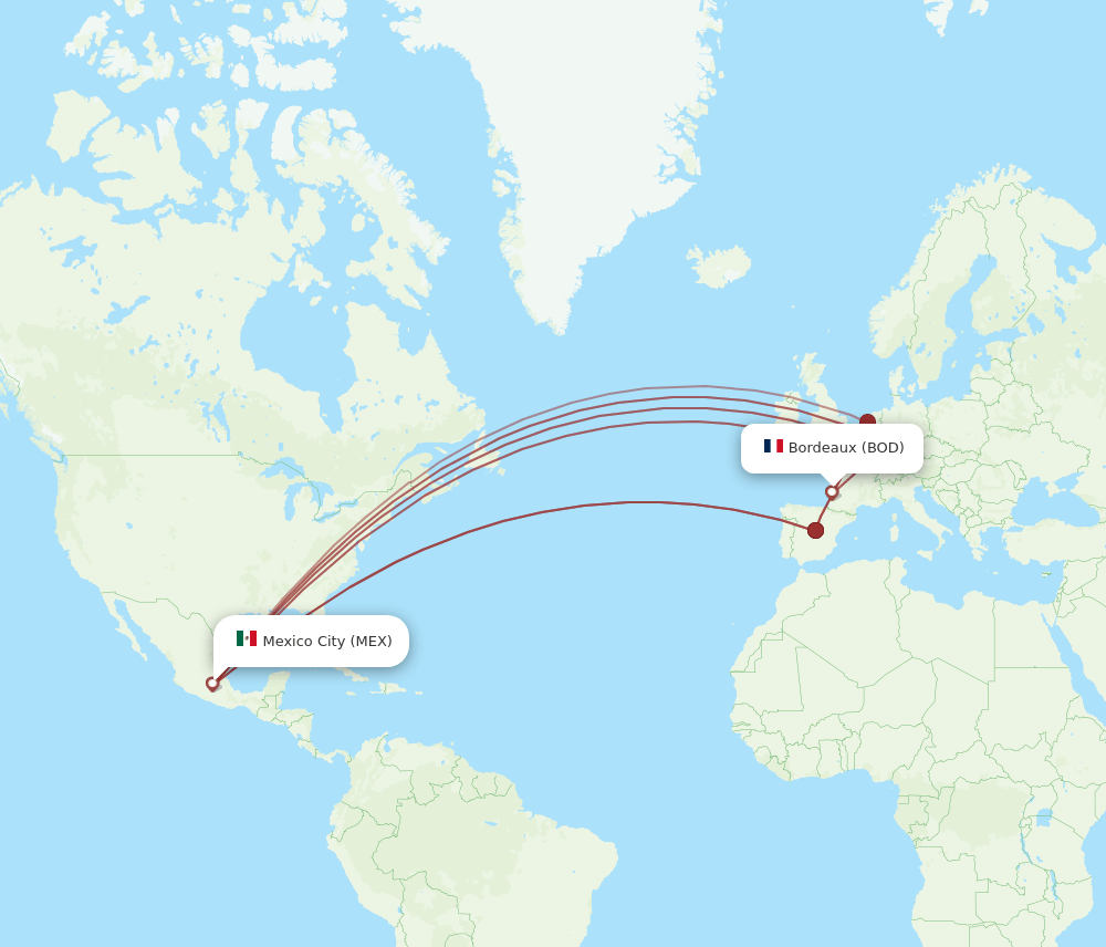 All Flight Routes From Bordeaux To Mexico City BOD To MEX Flight Routes