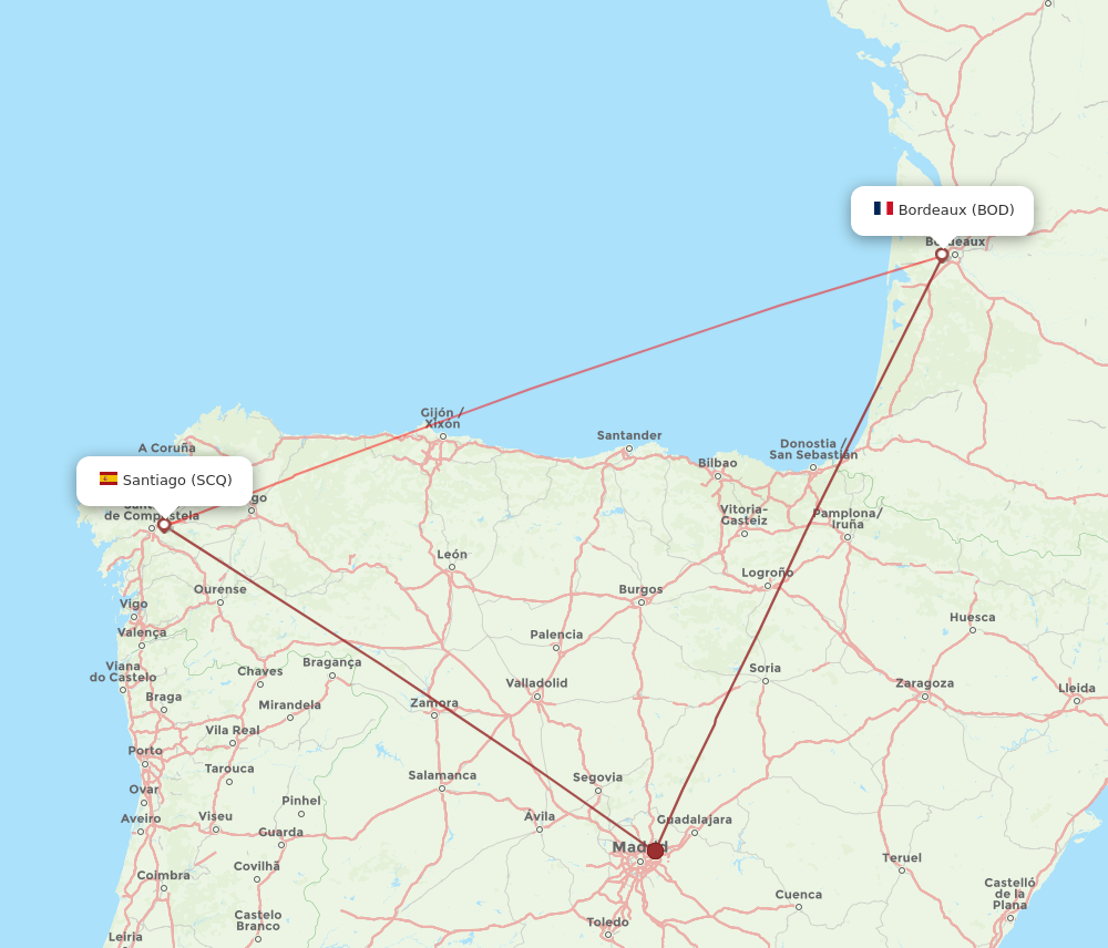 All Flight Routes From Bordeaux To Santiago De Compostela BOD To SCQ