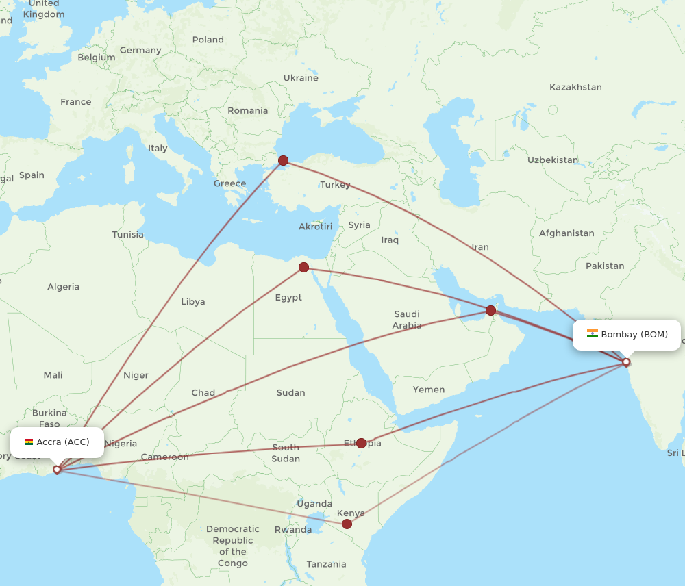 All Flight Routes From Mumbai To Accra Bom To Acc Flight Routes