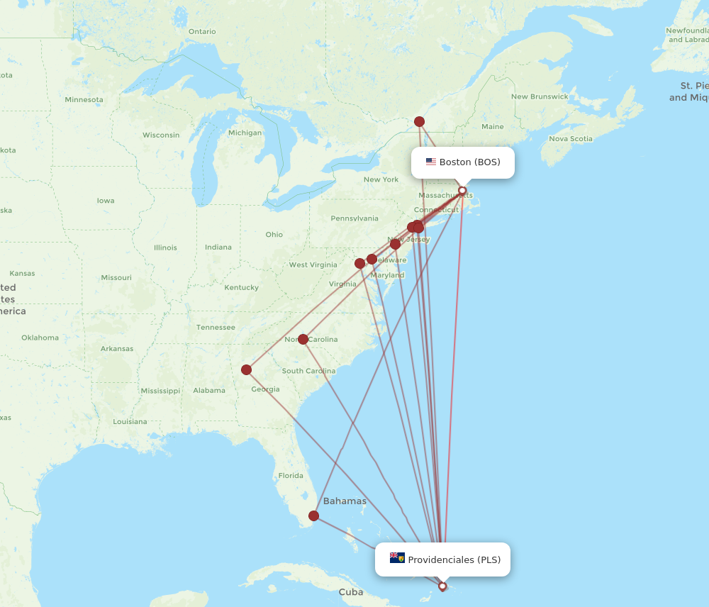 All Flight Routes From Boston To Providenciales Bos To Pls Flight Routes