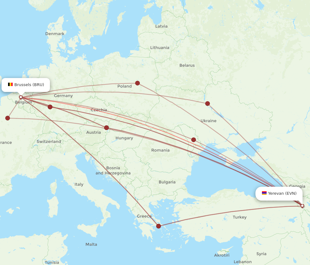 All Flight Routes From Brussels To Yerevan BRU To EVN Flight Routes