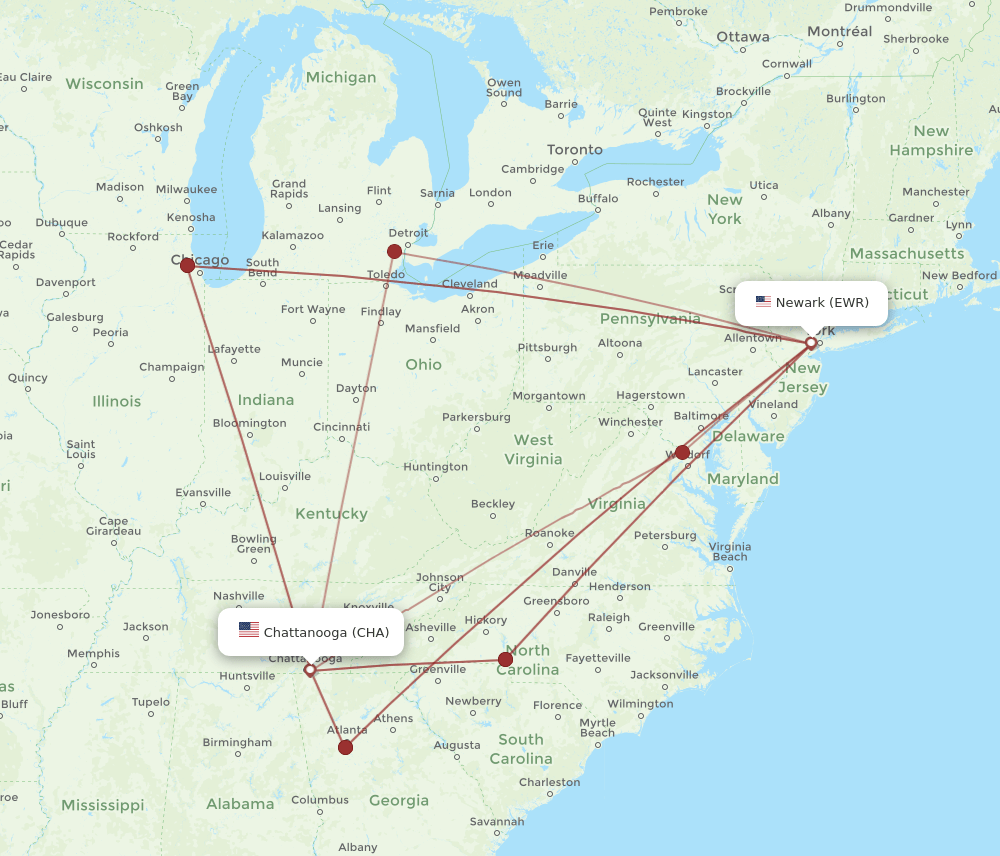 All Flight Routes From Chattanooga To New York CHA To EWR Flight Routes