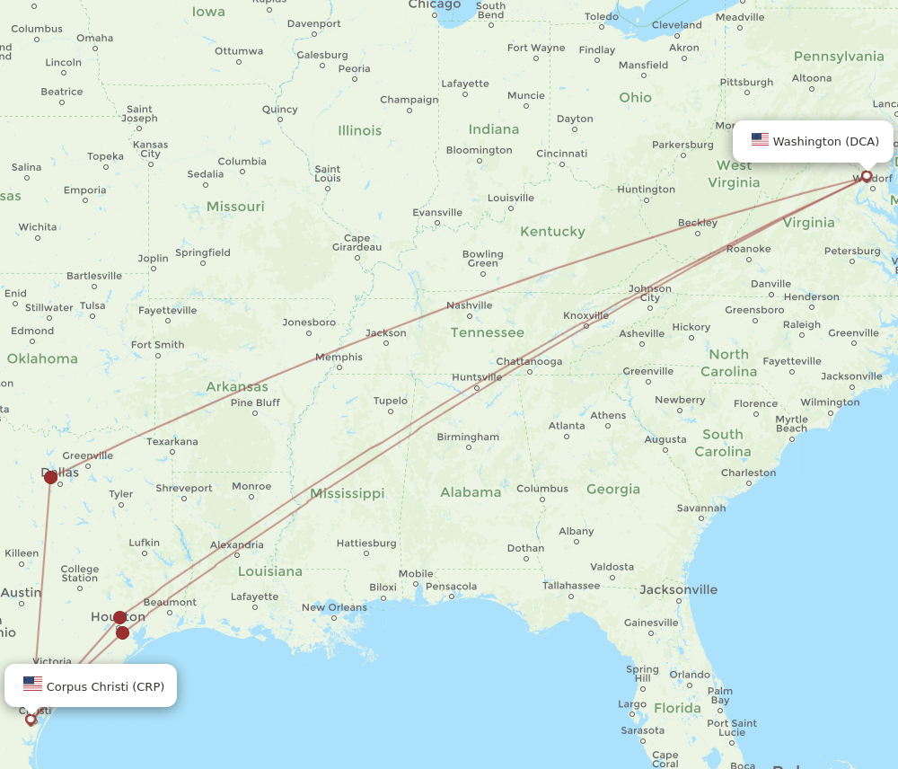 All Flight Routes From Corpus Christi To Washington Crp To Dca