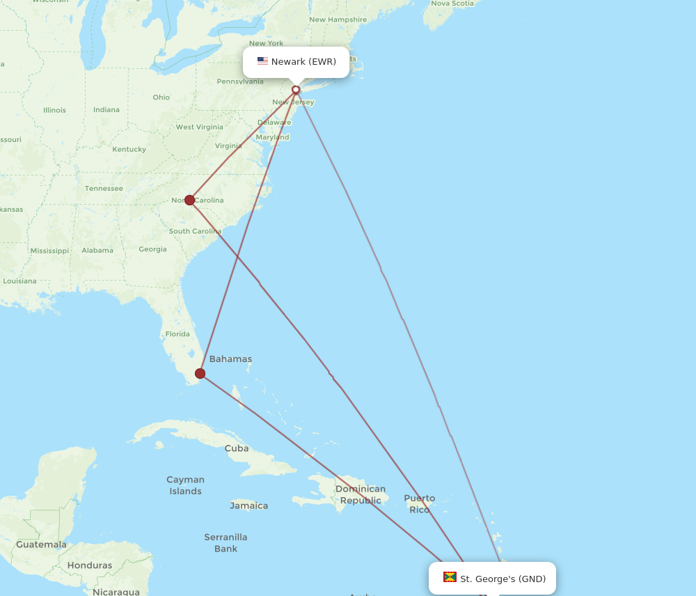 All Flight Routes From New York To St George S Ewr To Gnd Flight Routes