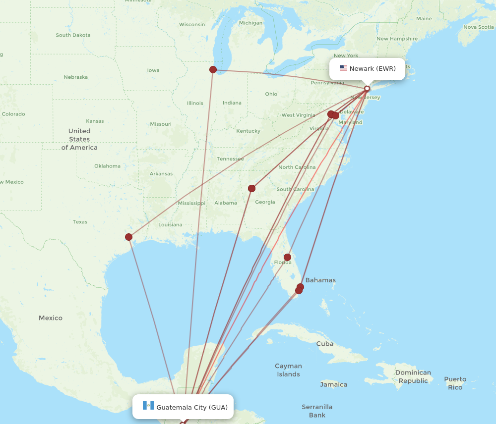 All Flight Routes From New York To Guatemala City Ewr To Gua Flight