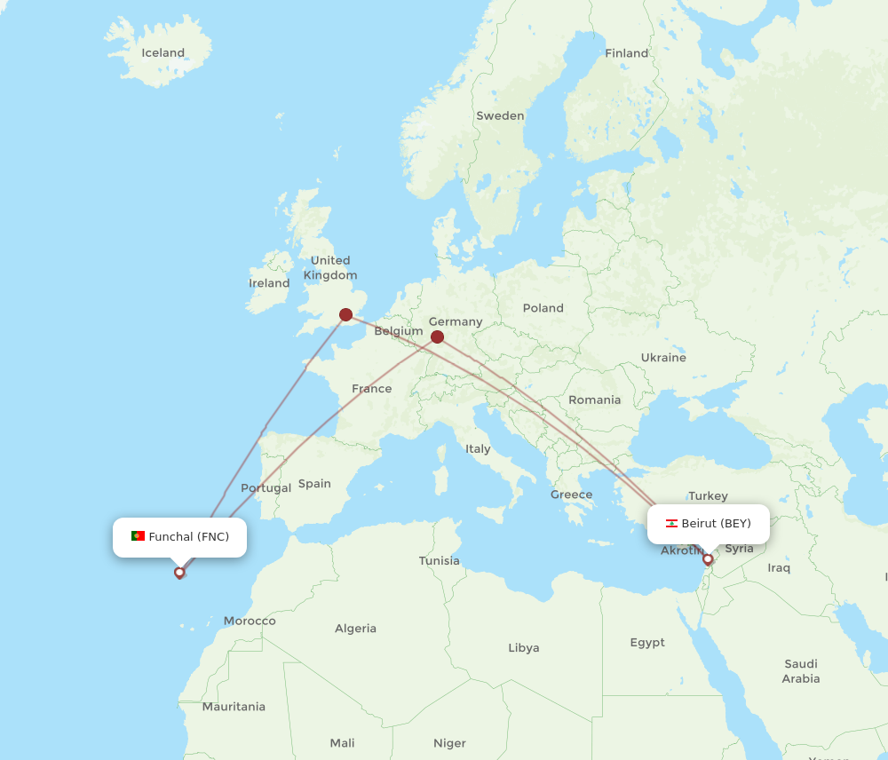 All Flight Routes From Funchal To Beirut FNC To BEY Flight Routes