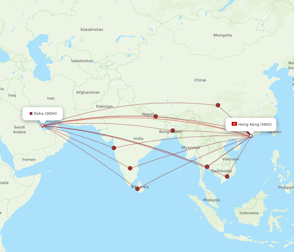 All Flight Routes From Hong Kong To Doha HKG To DOH Flight Routes