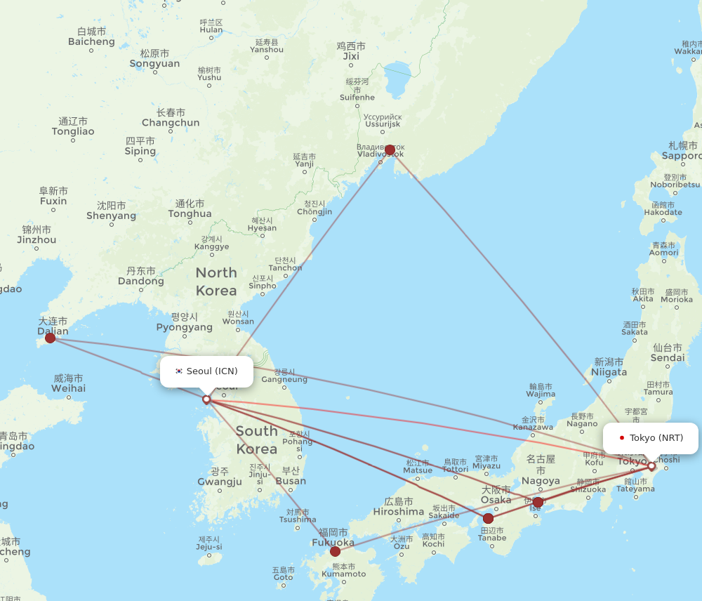 All Flight Routes From Seoul To Tokyo Icn To Nrt Flight Routes