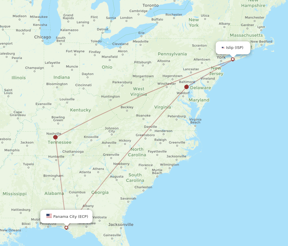 All Flight Routes From Islip To Panama City Isp To Ecp Flight Routes