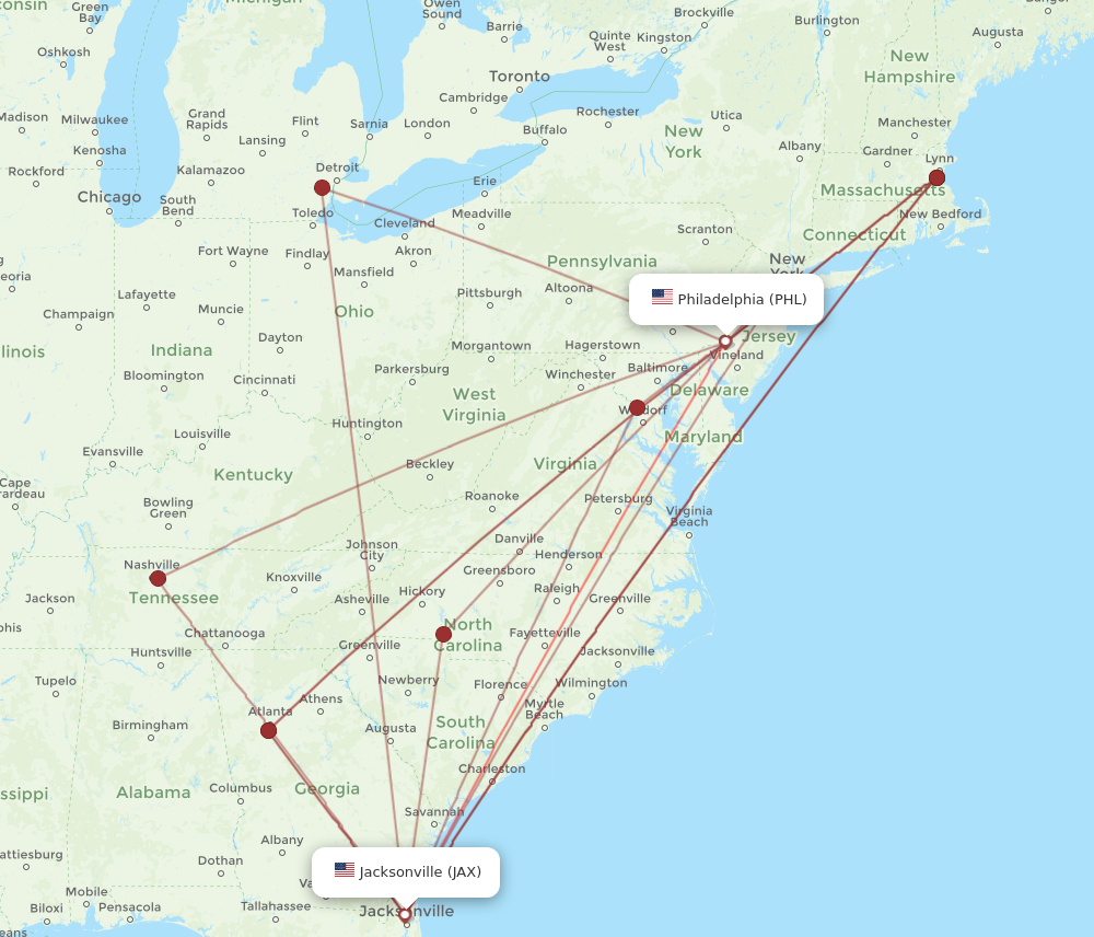 All Flight Routes From Jacksonville To Philadelphia Jax To Phl