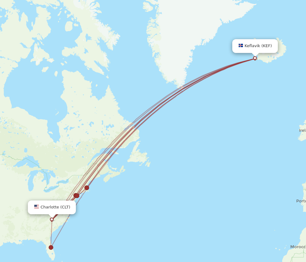 All Flight Routes From Reykjavik To Charlotte Kef To Clt Flight Routes