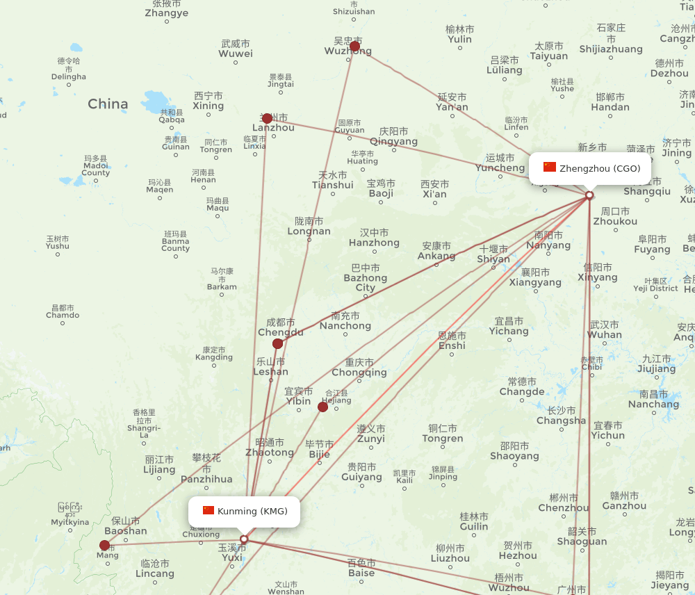 All Flight Routes From Kunming To Zhengzhou Kmg To Cgo Flight Routes