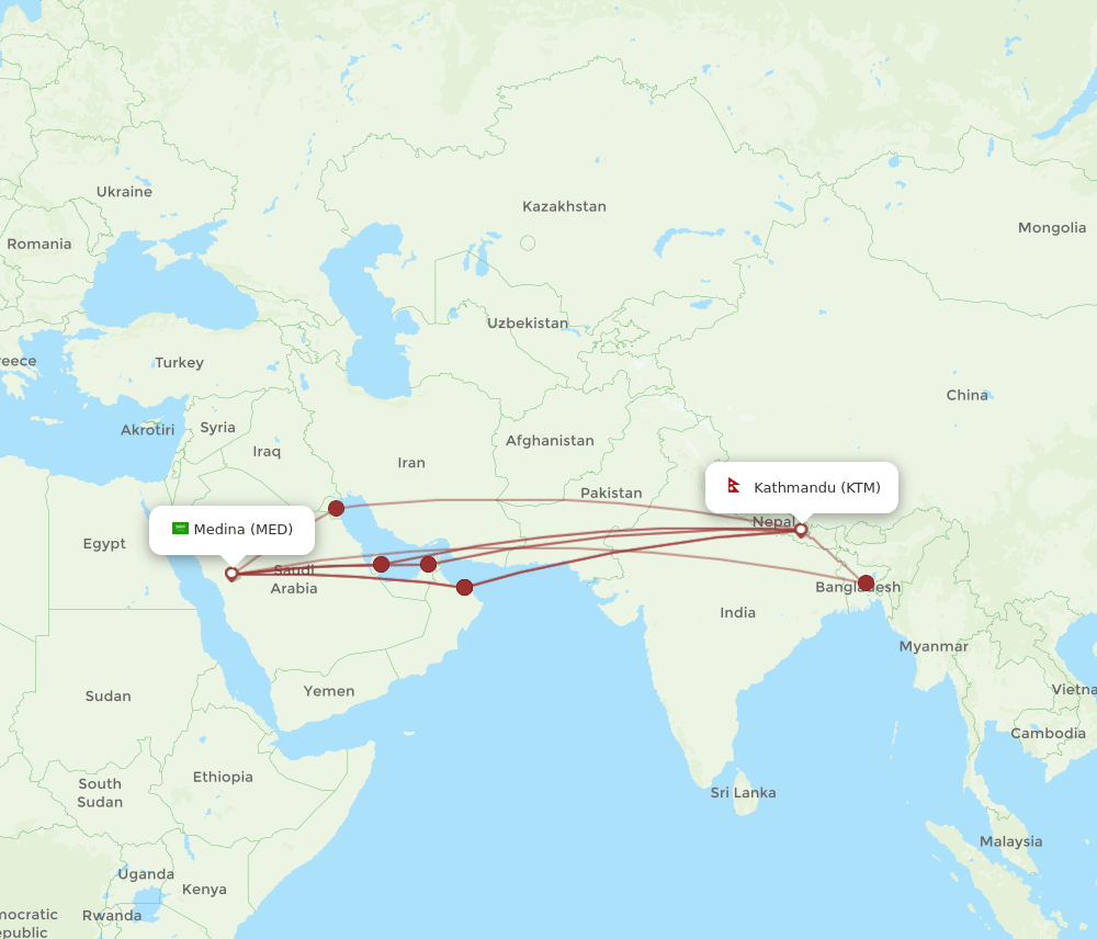 All Flight Routes From Kathmandu To Madinah Ktm To Med Flight Routes