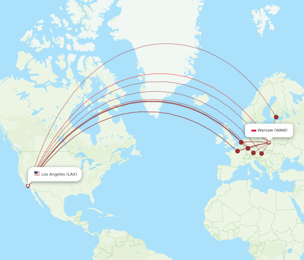 All Flight Routes From Los Angeles To Warsaw Lax To Waw Flight Routes