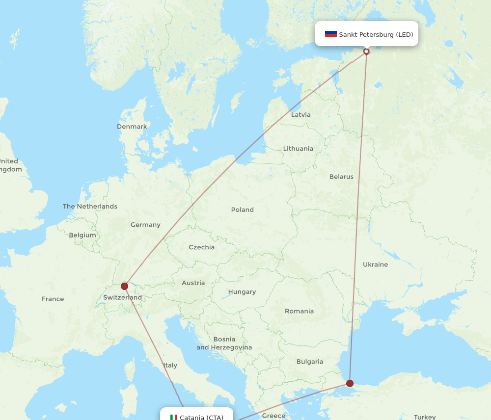 All Flight Routes From Saint Petersburg To Catania LED To CTA Flight