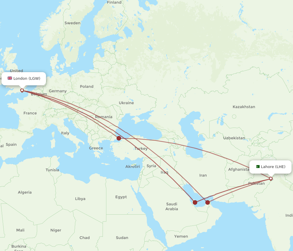 All Flight Routes From London To Lahore LGW To LHE Flight Routes