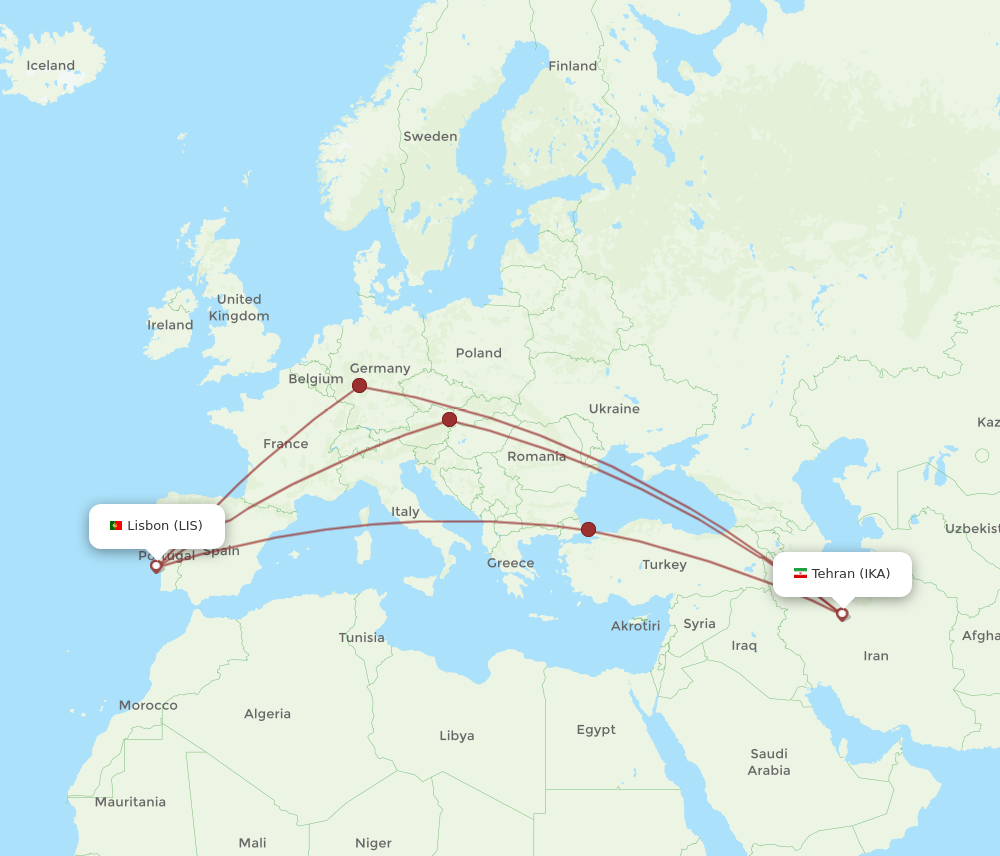 All Flight Routes From Lisbon To Tehran Lis To Ika Flight Routes