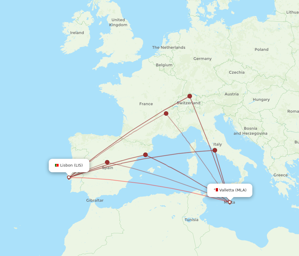 All Flight Routes From Lisbon To Malta LIS To MLA Flight Routes