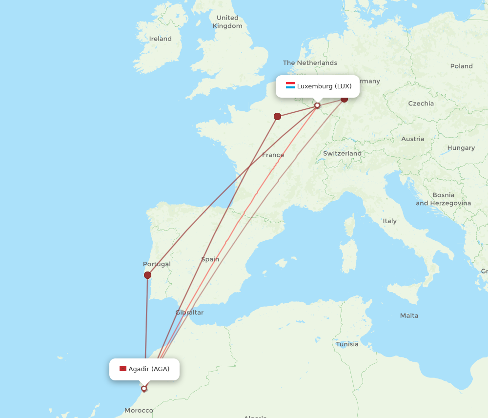 All Flight Routes From Luxembourg To Agadir LUX To AGA Flight Routes