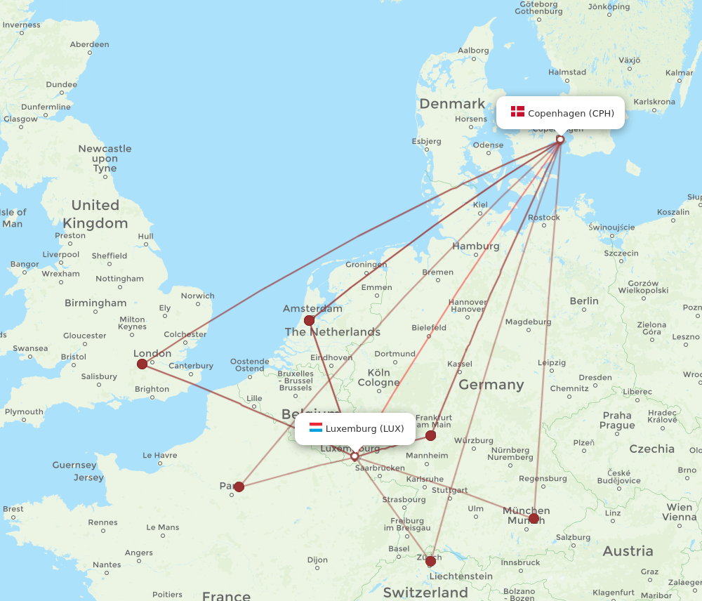 All Flight Routes From Luxembourg To Copenhagen Lux To Cph Flight Routes