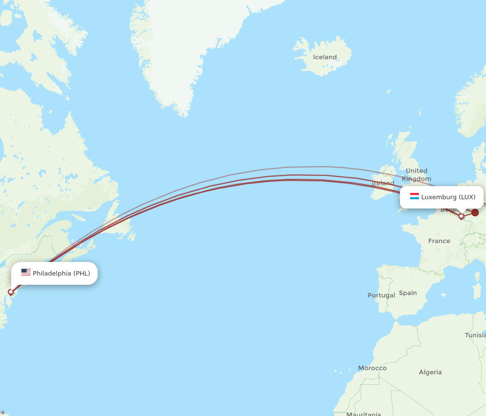 All Flight Routes From Luxembourg To Philadelphia LUX To PHL Flight