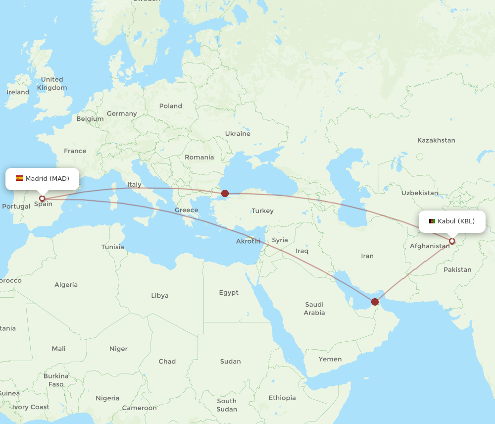 All Flight Routes From Madrid To Kabul Mad To Kbl Flight Routes