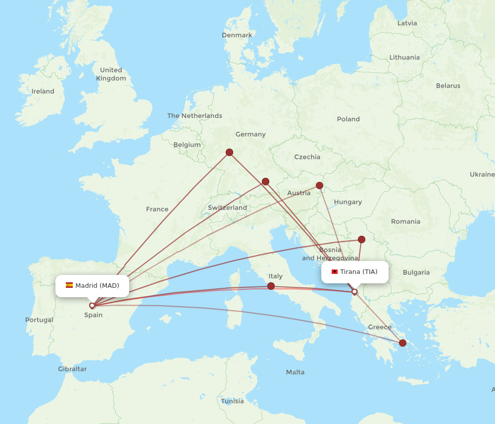 All Flight Routes From Madrid To Tirana MAD To TIA Flight Routes