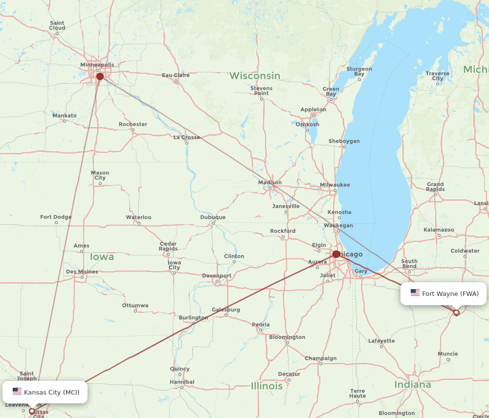 All Flight Routes From Kansas City To Fort Wayne MCI To FWA Flight