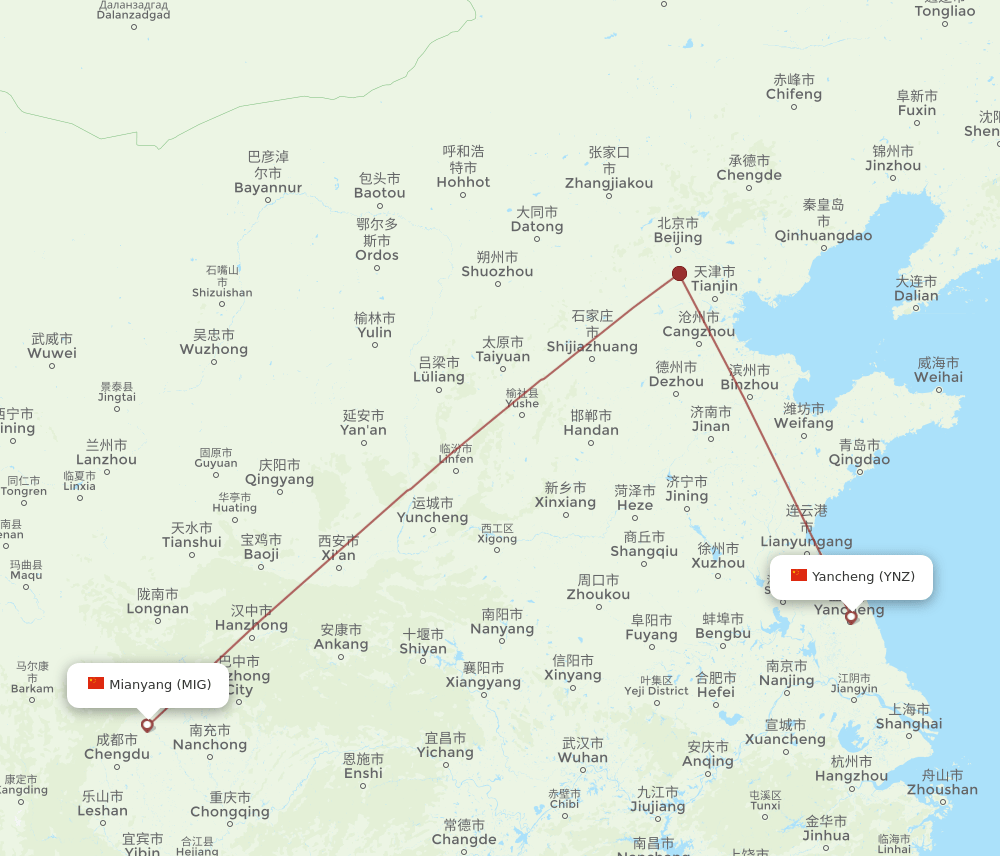 All Flight Routes From Mian Yang To Yancheng MIG To YNZ Flight Routes