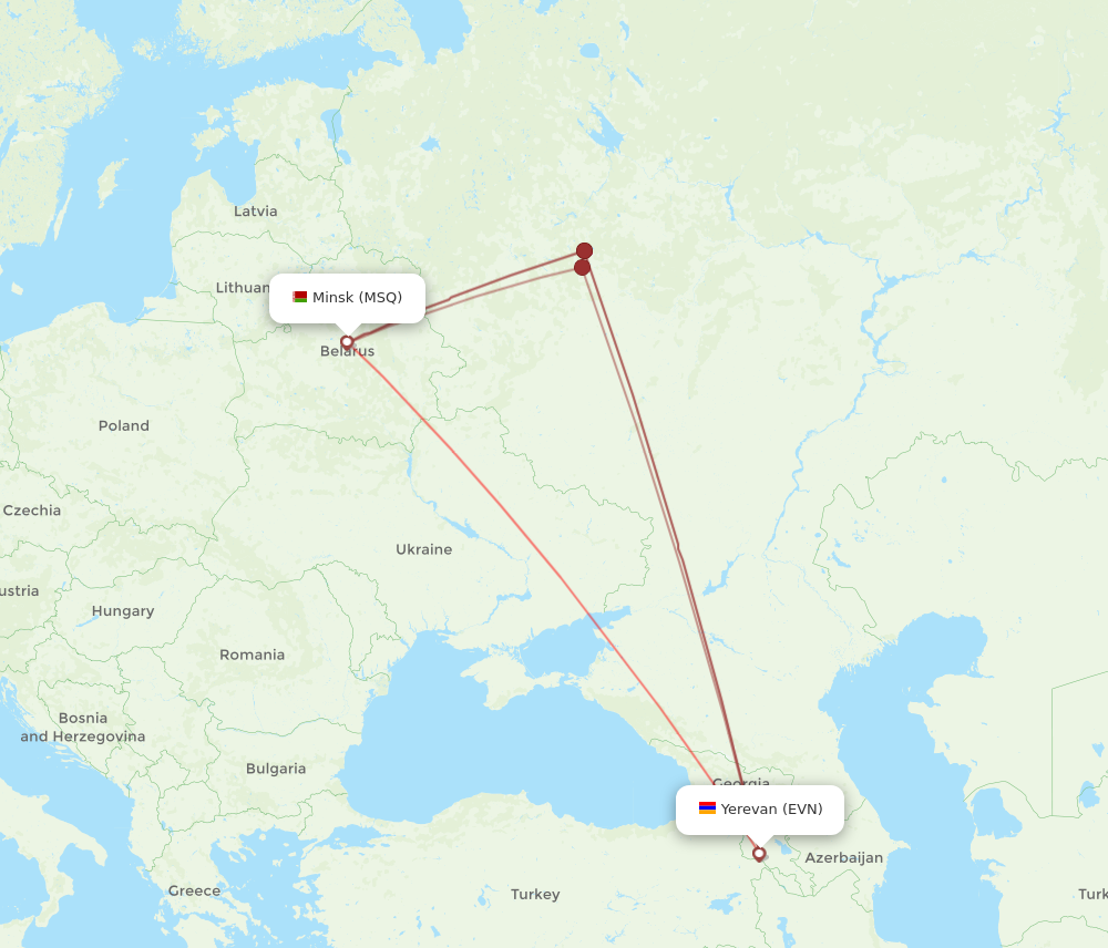 All Flight Routes From Minsk To Yerevan MSQ To EVN Flight Routes