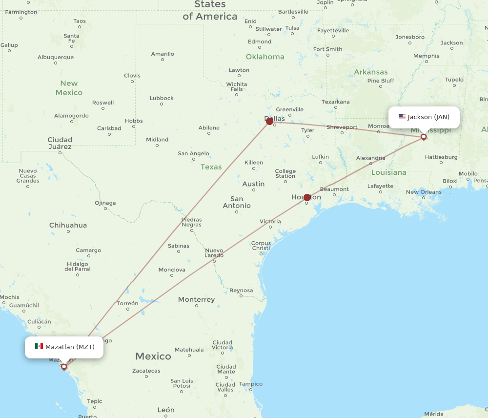 All Flight Routes From Mazatlan To Jackson MZT To JAN Flight Routes