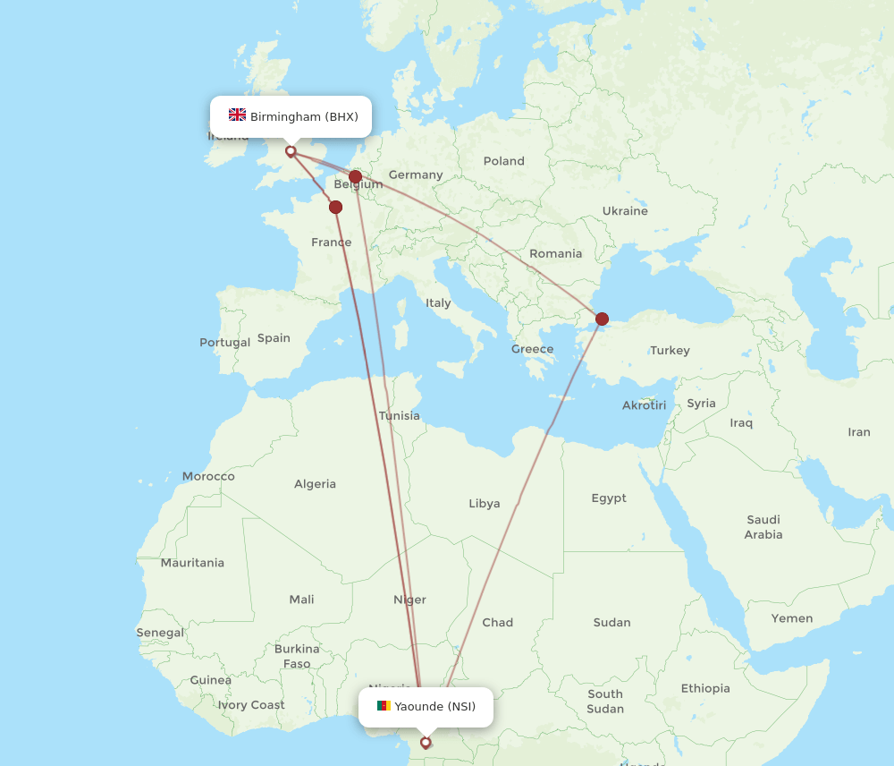 All Flight Routes From Yaounde To Birmingham NSI To BHX Flight Routes