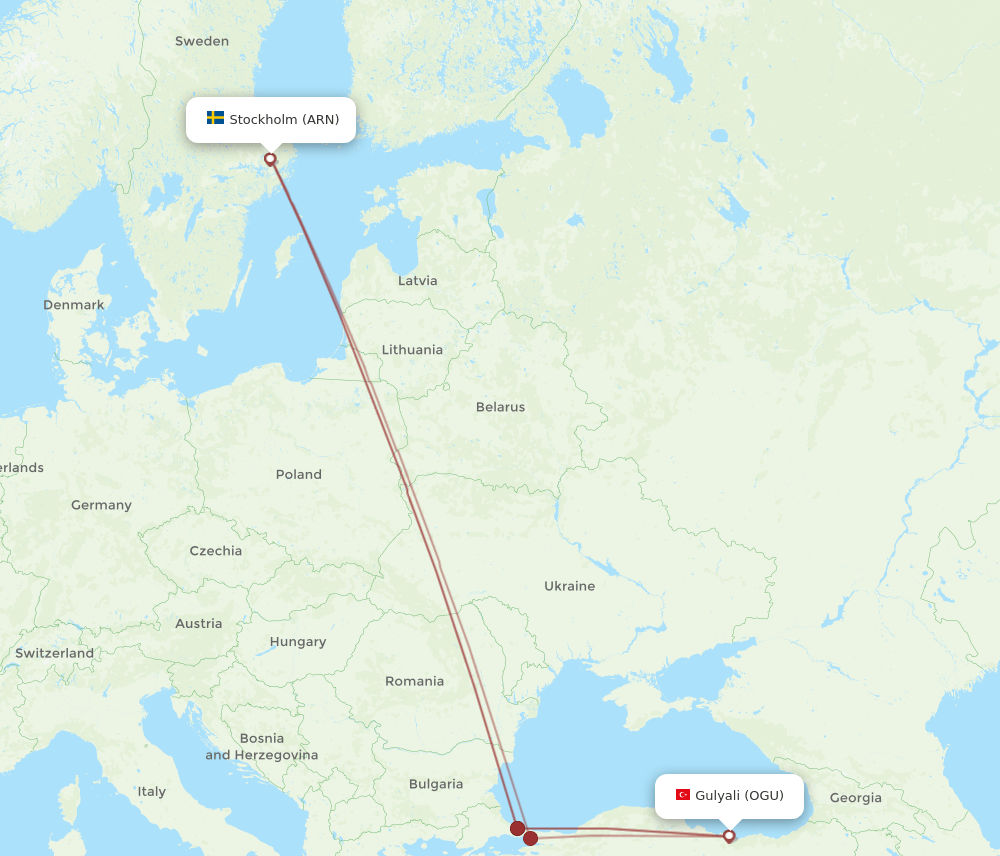 Flights From Gulyali To Stockholm OGU To ARN Flight Routes