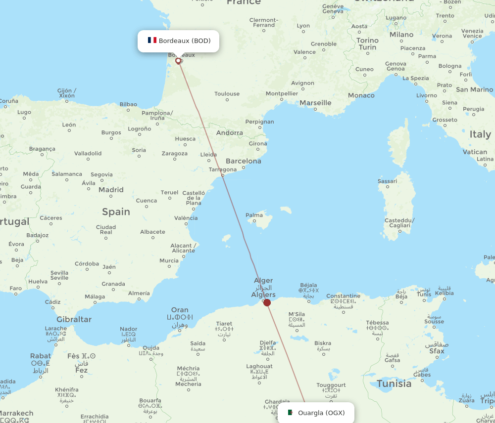 All Flight Routes From Bordeaux To Ouargla BOD To OGX Flight Routes