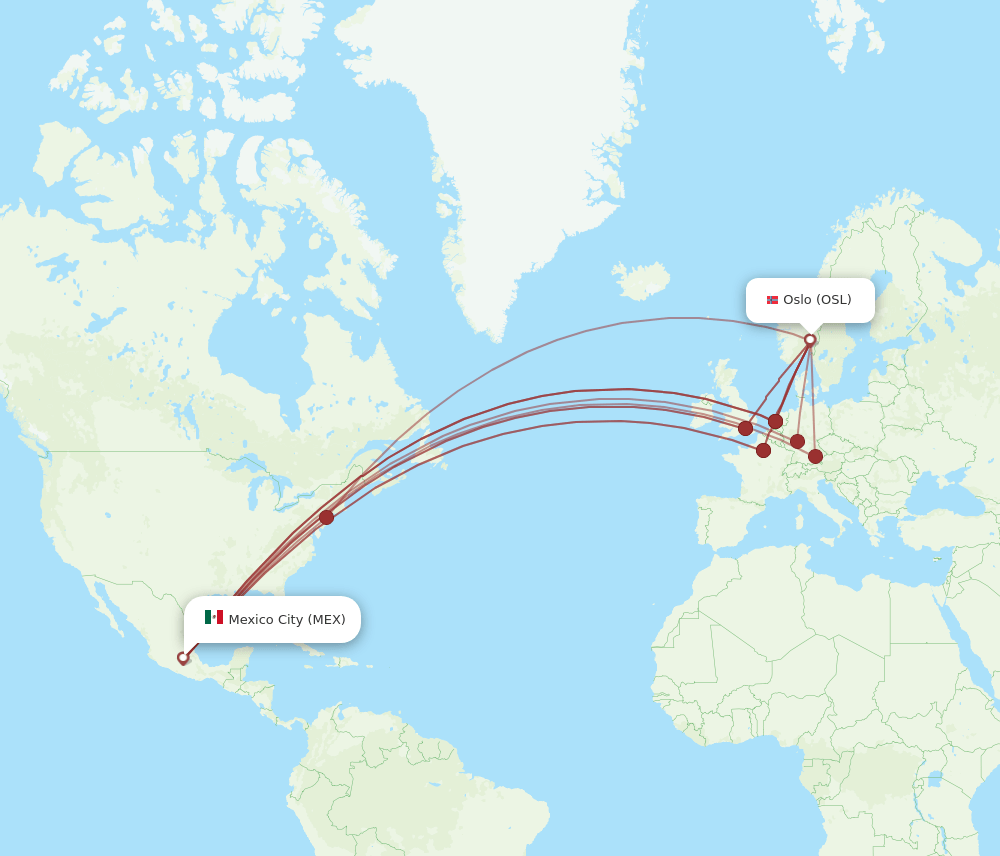 All Flight Routes From Oslo To Mexico City Osl To Mex Flight Routes